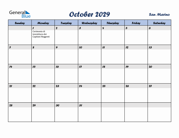 October 2029 Calendar with Holidays in San Marino