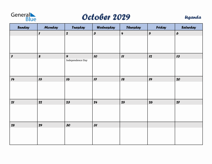 October 2029 Calendar with Holidays in Uganda