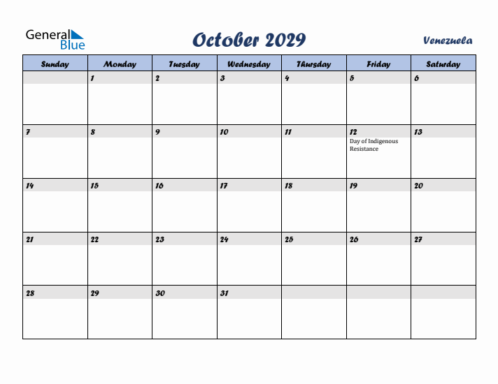 October 2029 Calendar with Holidays in Venezuela
