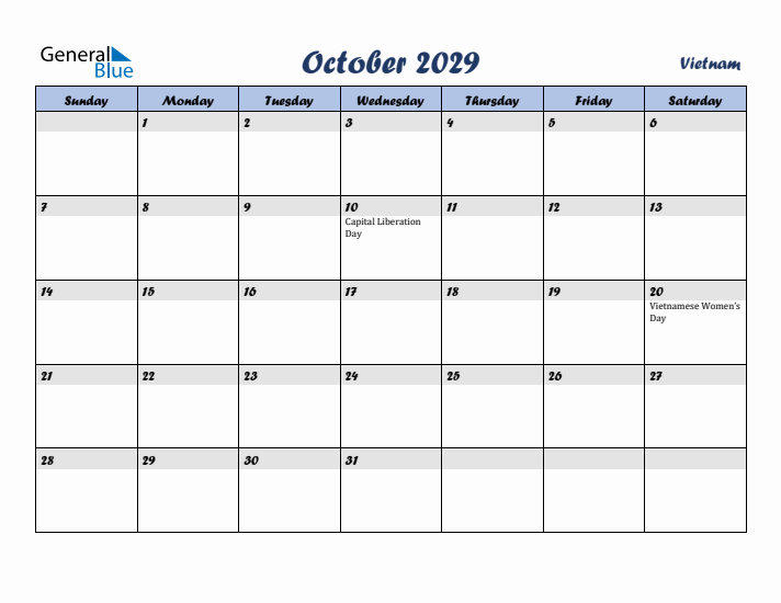 October 2029 Calendar with Holidays in Vietnam