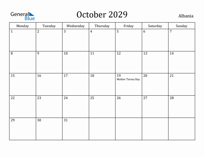 October 2029 Calendar Albania
