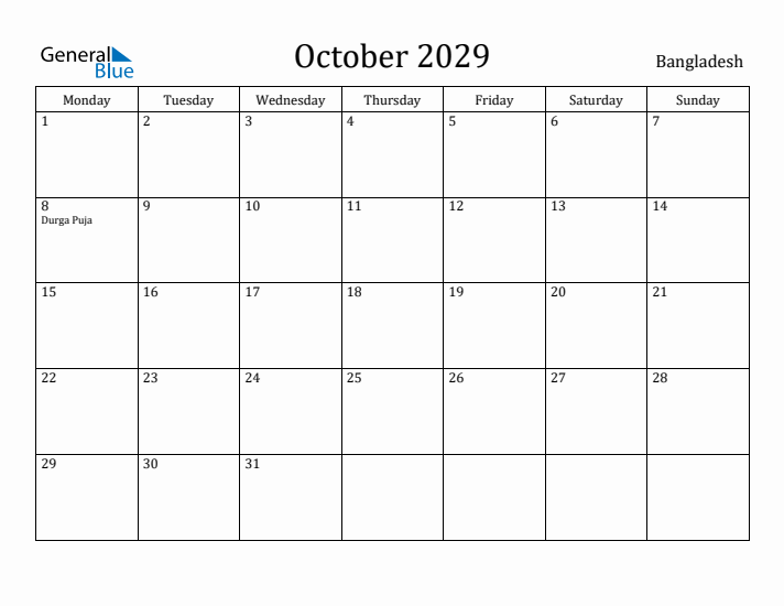 October 2029 Calendar Bangladesh