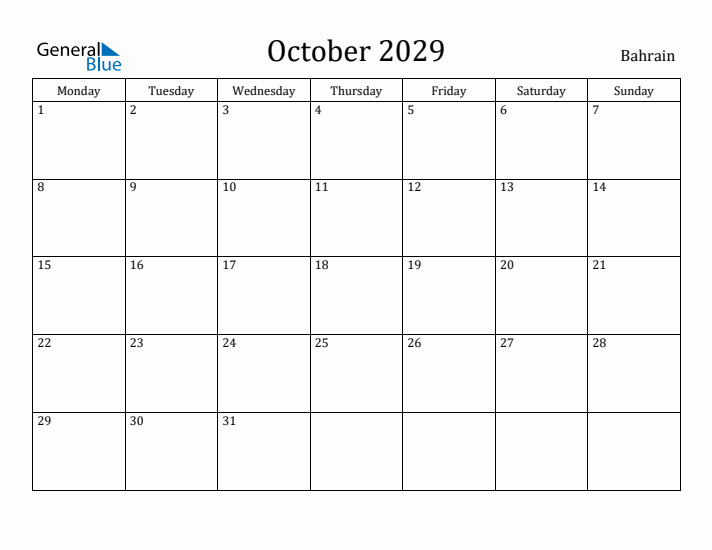 October 2029 Calendar Bahrain