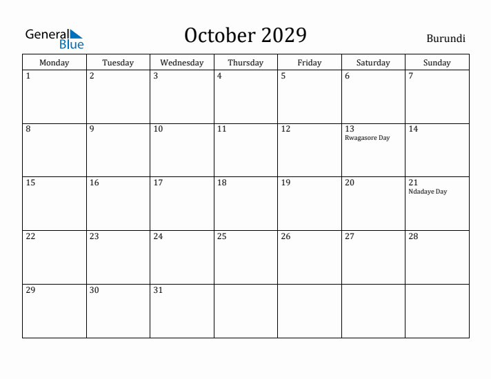 October 2029 Calendar Burundi