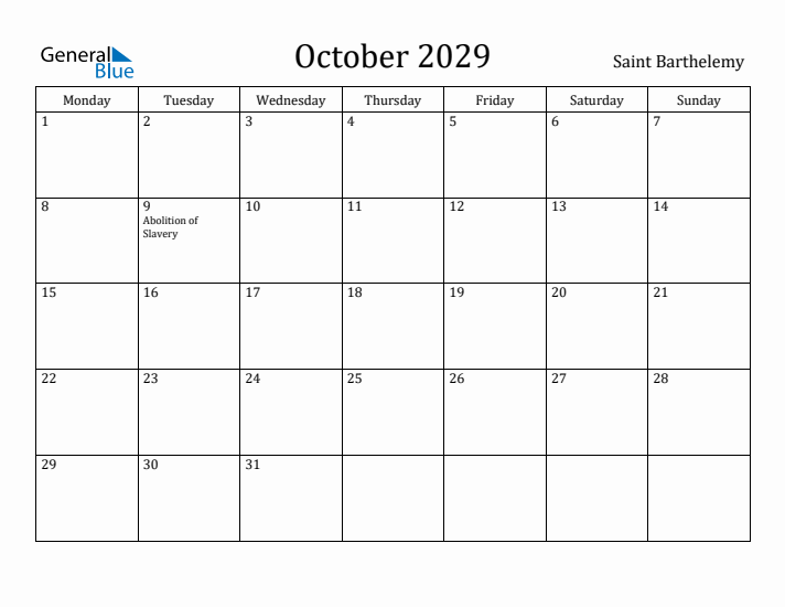 October 2029 Calendar Saint Barthelemy