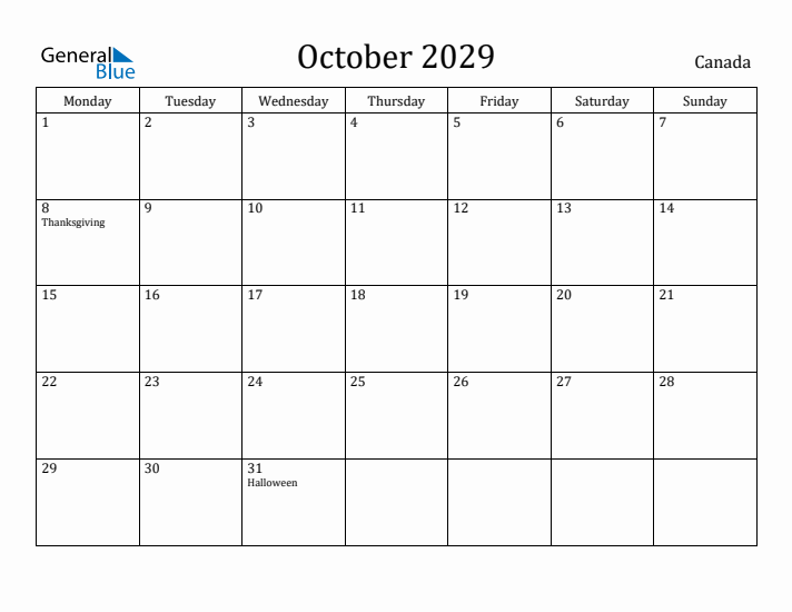 October 2029 Calendar Canada