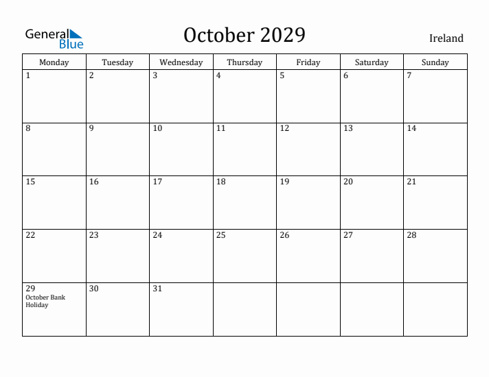October 2029 Calendar Ireland