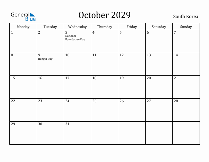 October 2029 Calendar South Korea