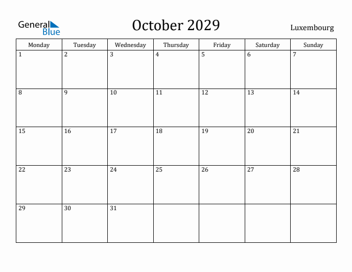 October 2029 Calendar Luxembourg