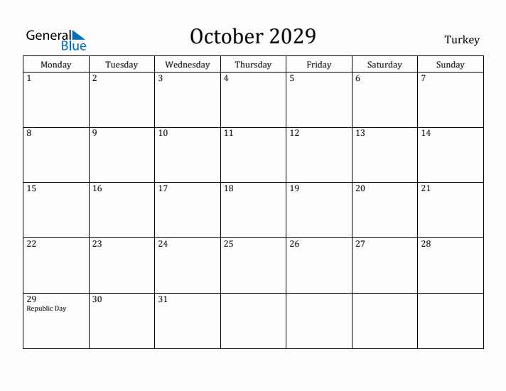 October 2029 Calendar Turkey