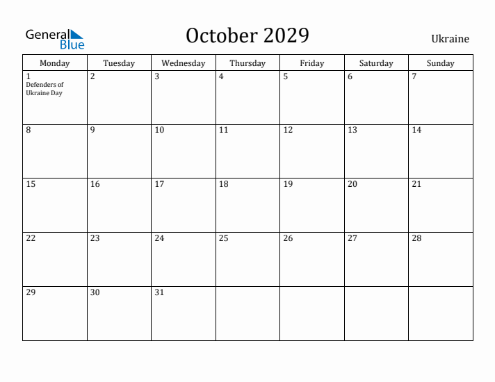 October 2029 Calendar Ukraine