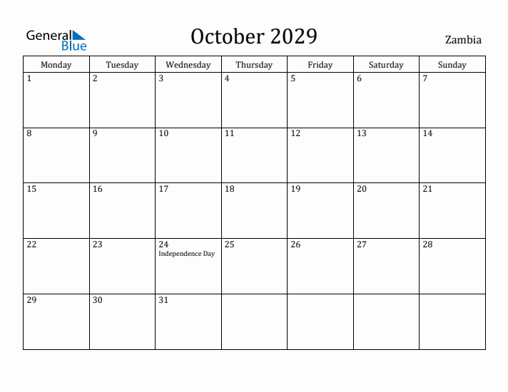 October 2029 Calendar Zambia