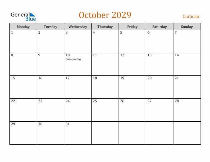 October 2029 Holiday Calendar with Monday Start