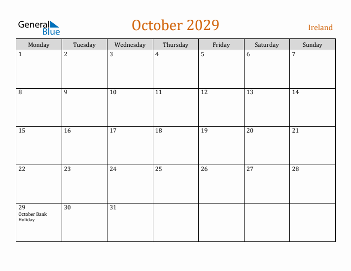 October 2029 Holiday Calendar with Monday Start