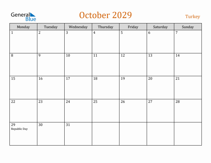 October 2029 Holiday Calendar with Monday Start