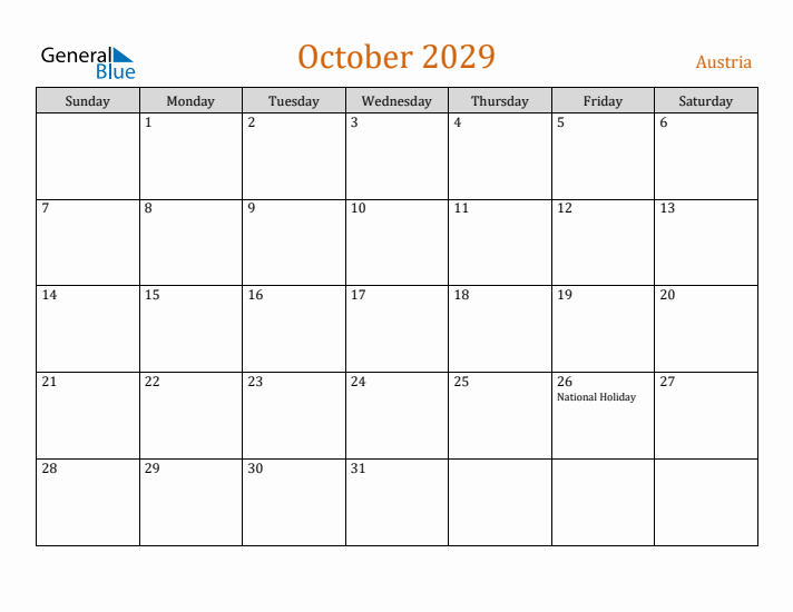 October 2029 Holiday Calendar with Sunday Start