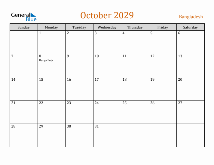 October 2029 Holiday Calendar with Sunday Start