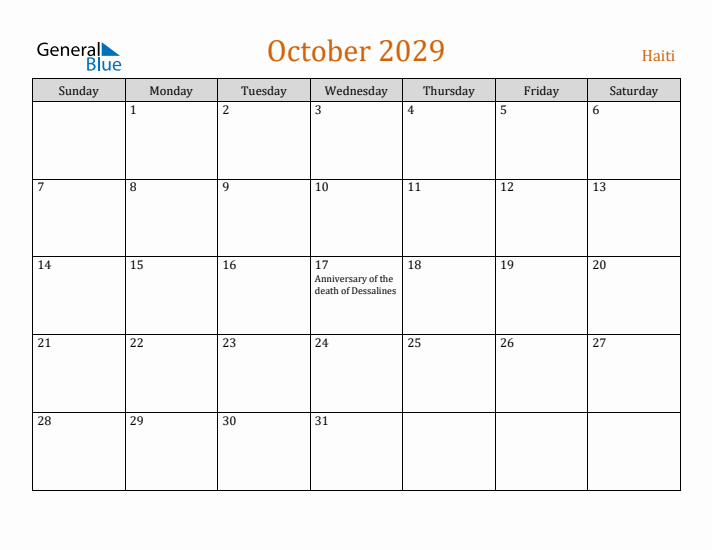 October 2029 Holiday Calendar with Sunday Start