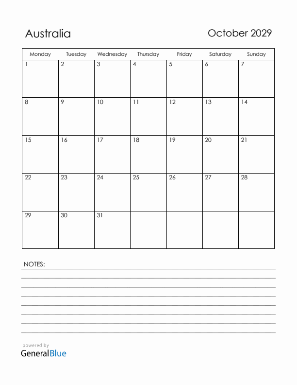 October 2029 Australia Calendar with Holidays (Monday Start)