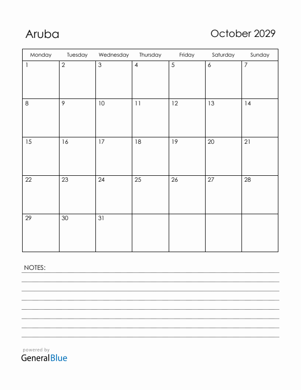 October 2029 Aruba Calendar with Holidays (Monday Start)