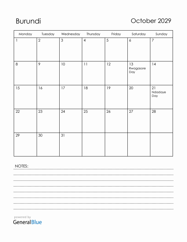 October 2029 Burundi Calendar with Holidays (Monday Start)