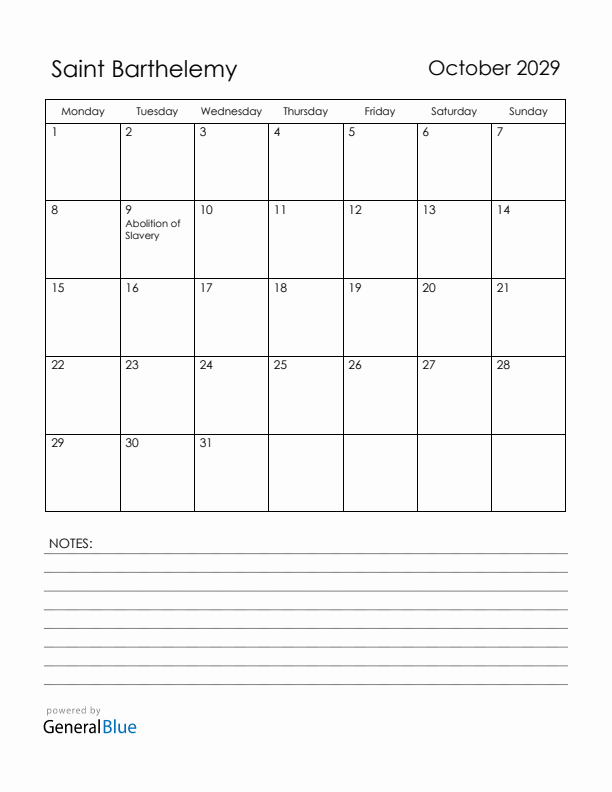 October 2029 Saint Barthelemy Calendar with Holidays (Monday Start)