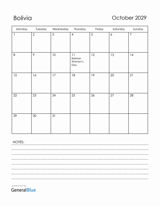 October 2029 Bolivia Calendar with Holidays (Monday Start)