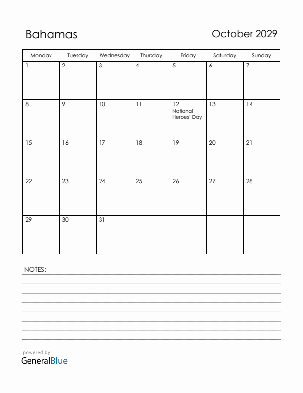 October 2029 Bahamas Calendar with Holidays (Monday Start)
