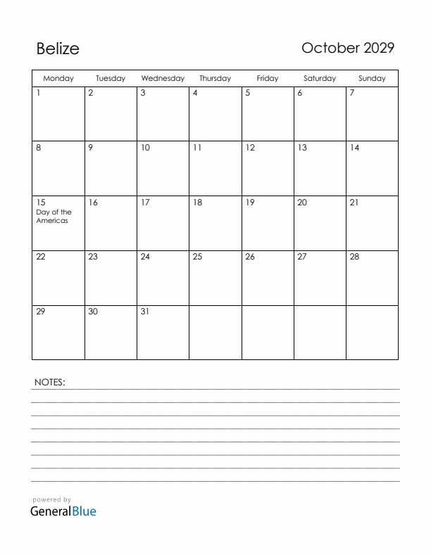 October 2029 Belize Calendar with Holidays (Monday Start)