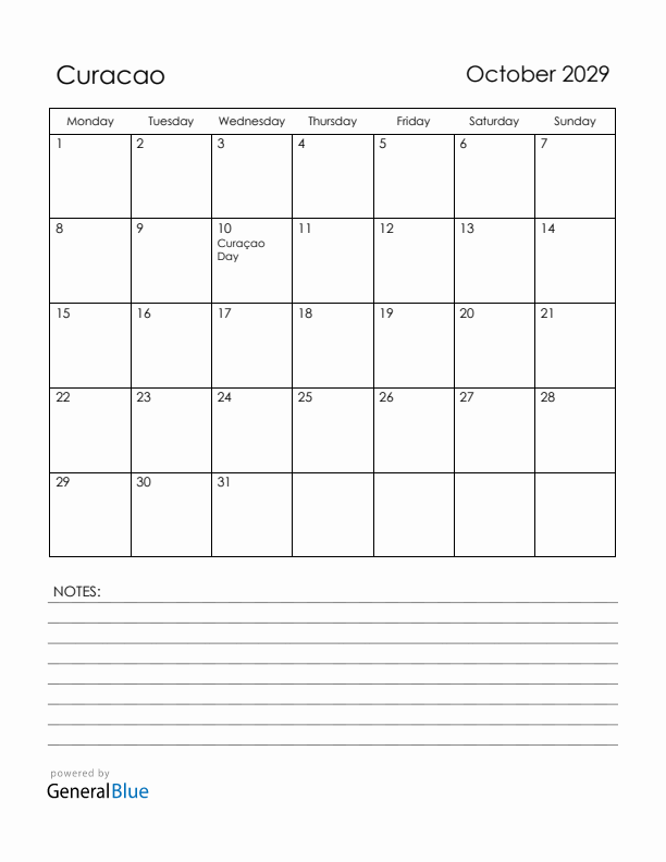 October 2029 Curacao Calendar with Holidays (Monday Start)