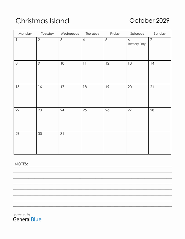 October 2029 Christmas Island Calendar with Holidays (Monday Start)