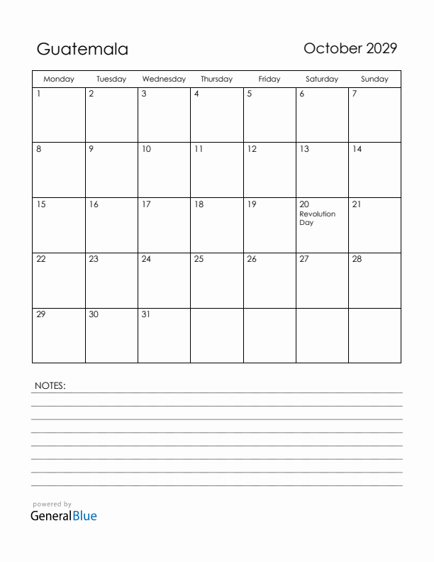 October 2029 Guatemala Calendar with Holidays (Monday Start)