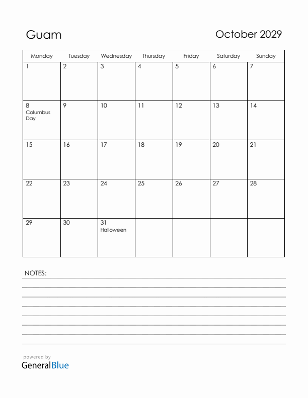 October 2029 Guam Calendar with Holidays (Monday Start)