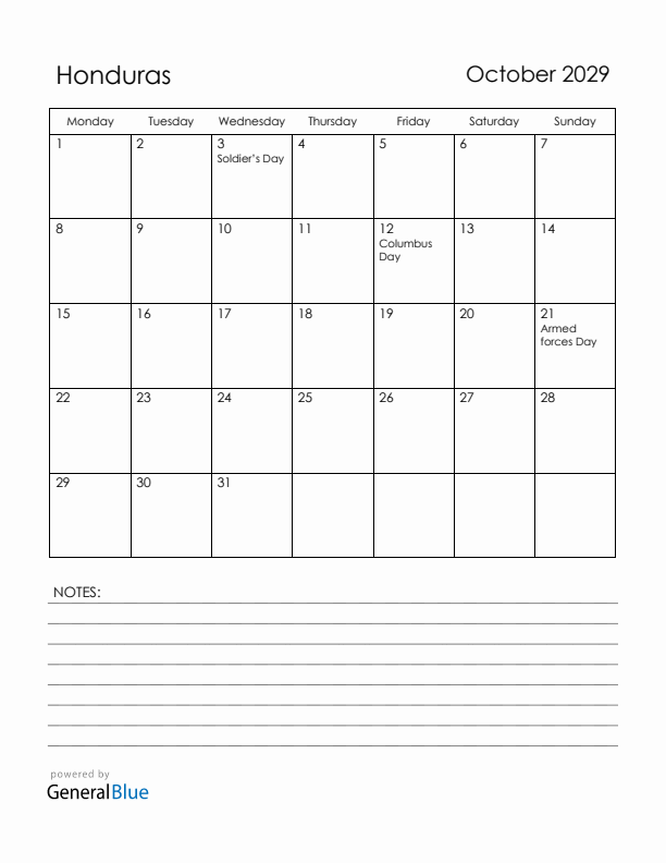 October 2029 Honduras Calendar with Holidays (Monday Start)