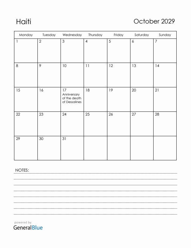 October 2029 Haiti Calendar with Holidays (Monday Start)