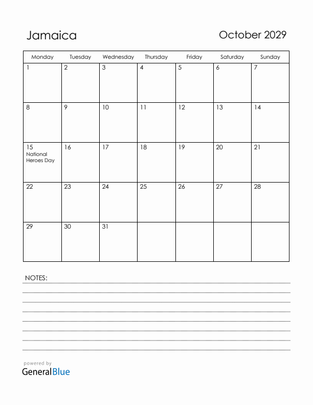 October 2029 Jamaica Calendar with Holidays (Monday Start)