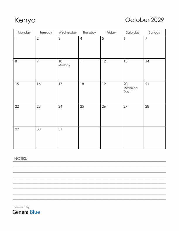 October 2029 Kenya Calendar with Holidays (Monday Start)