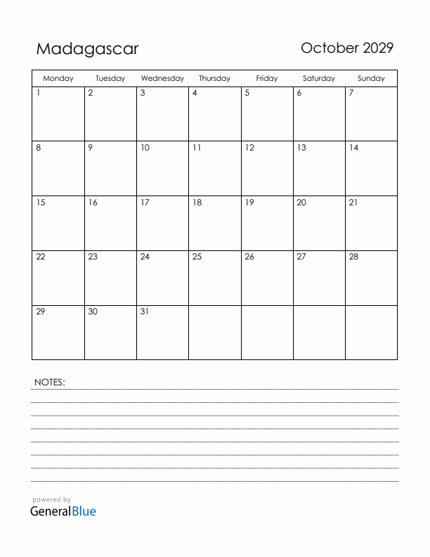 October 2029 Madagascar Calendar with Holidays (Monday Start)