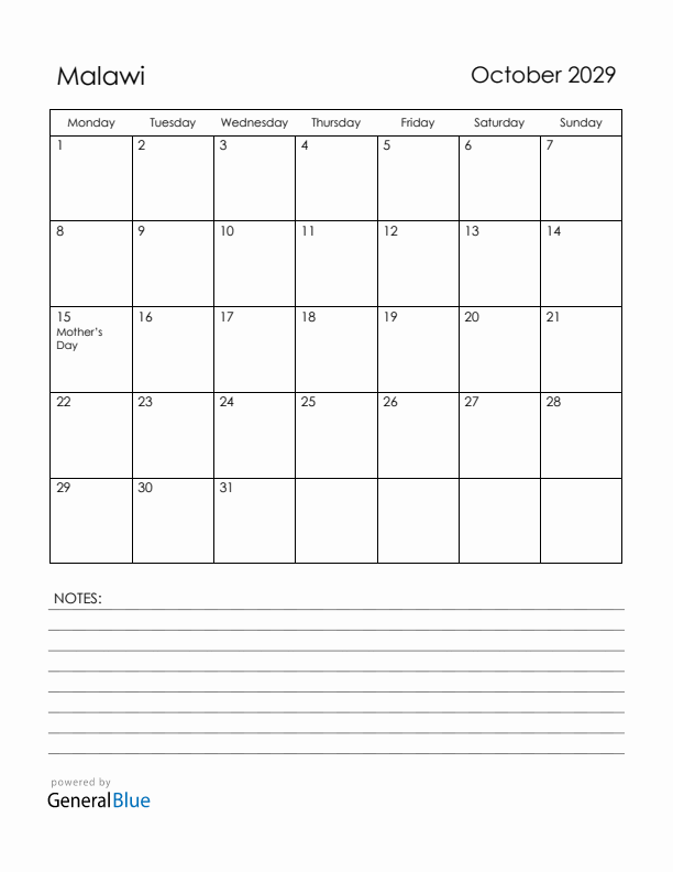 October 2029 Malawi Calendar with Holidays (Monday Start)