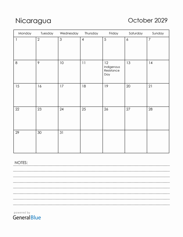 October 2029 Nicaragua Calendar with Holidays (Monday Start)