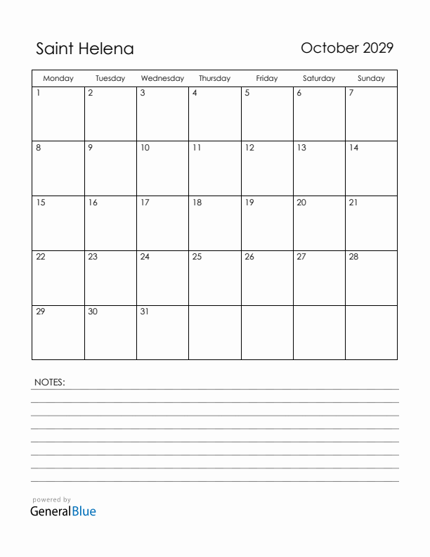 October 2029 Saint Helena Calendar with Holidays (Monday Start)