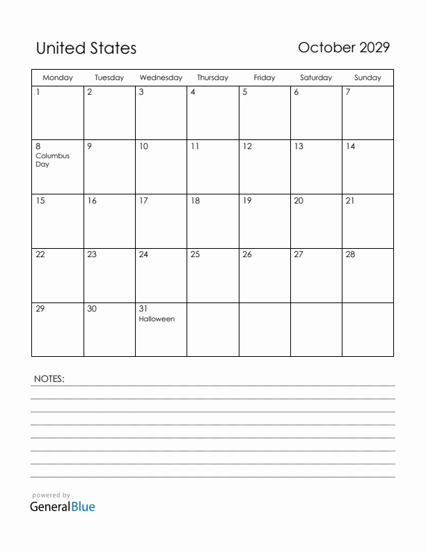 October 2029 United States Calendar with Holidays (Monday Start)