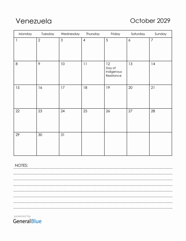 October 2029 Venezuela Calendar with Holidays (Monday Start)