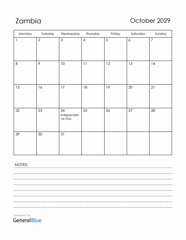 October 2029 Zambia Calendar with Holidays (Monday Start)