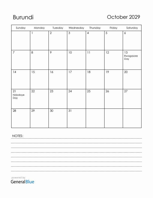 October 2029 Burundi Calendar with Holidays (Sunday Start)