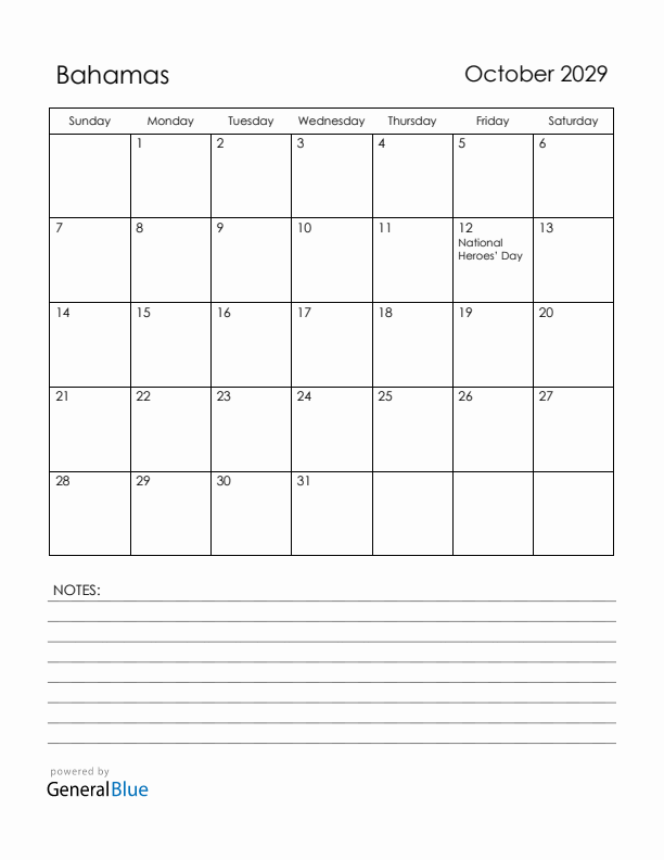 October 2029 Bahamas Calendar with Holidays (Sunday Start)