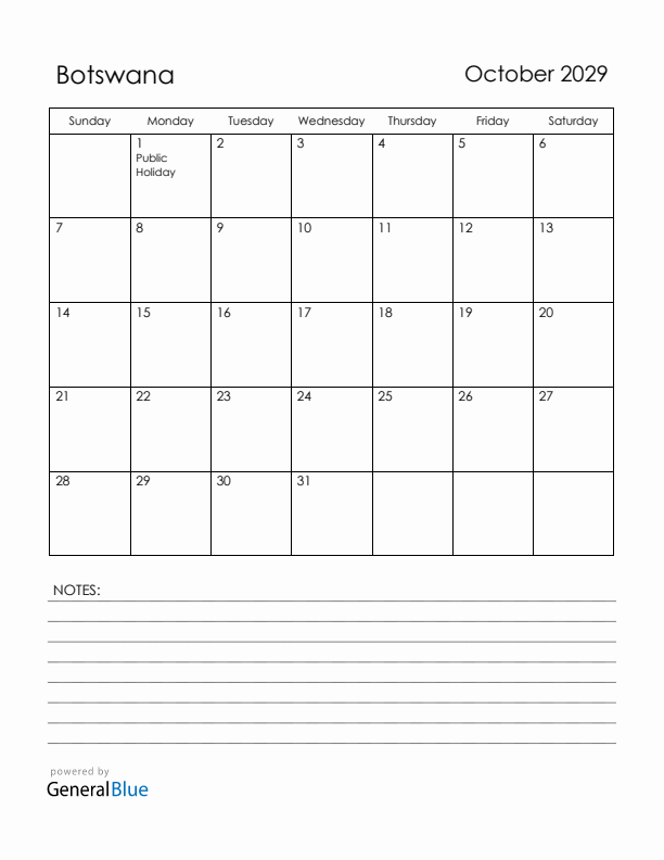 October 2029 Botswana Calendar with Holidays (Sunday Start)