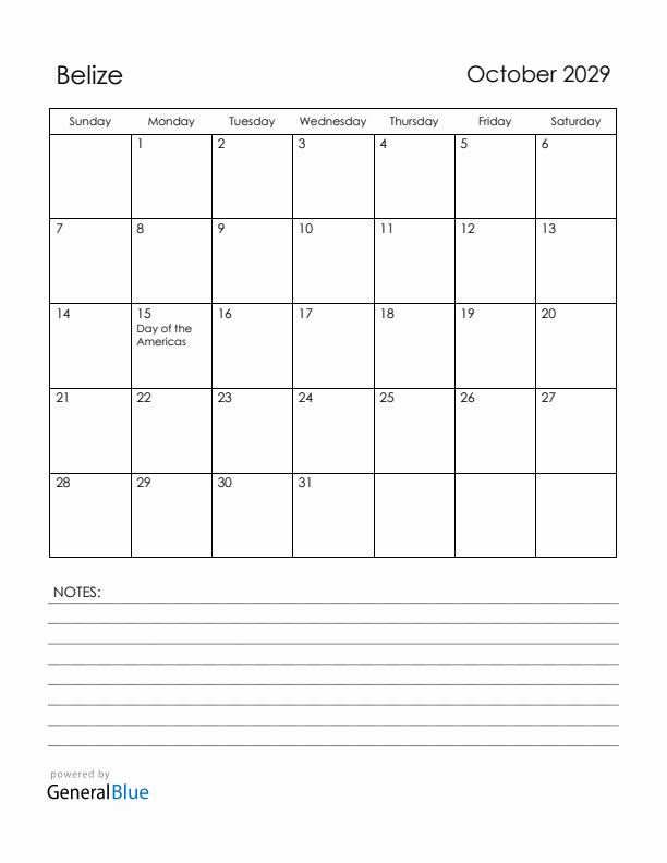 October 2029 Belize Calendar with Holidays (Sunday Start)
