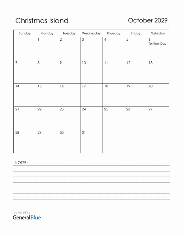 October 2029 Christmas Island Calendar with Holidays (Sunday Start)