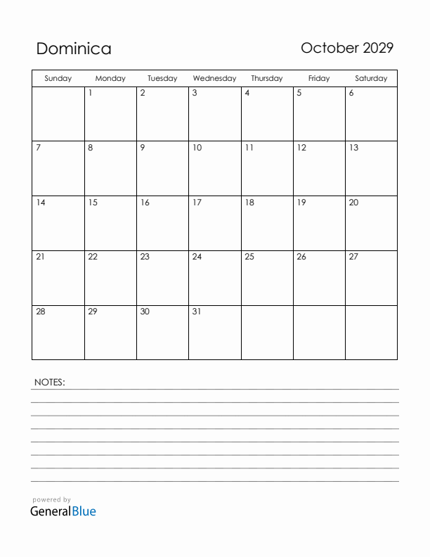 October 2029 Dominica Calendar with Holidays (Sunday Start)